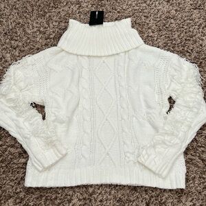 Ivory Chenille Cable Knit Turtleneck Sweater